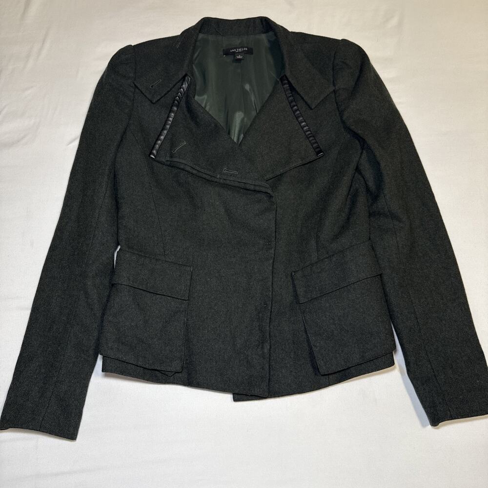 Ann Taylor Wool Blend Blazer Womens Sz 2 Dark Green Zip Sleeve Faux Leather Trim